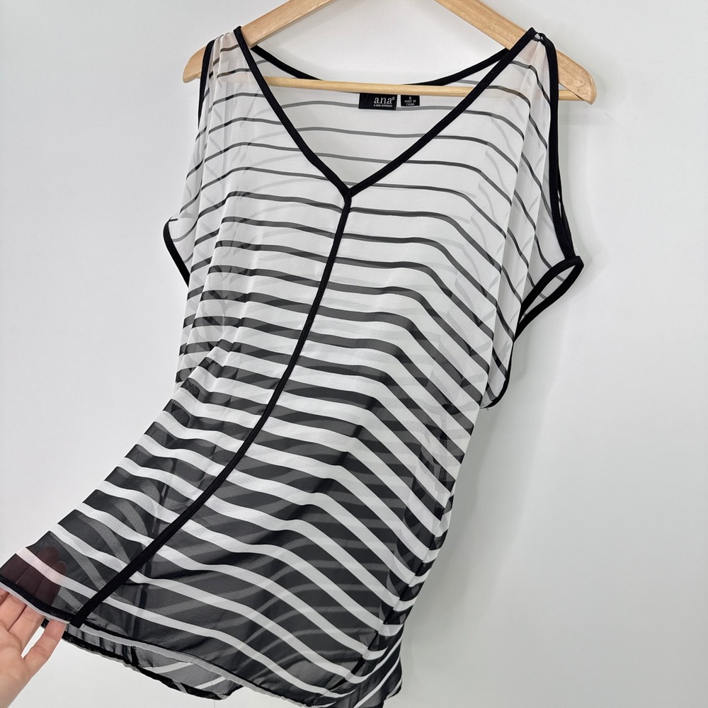 ANA A New Approach Women's Sheer Striped Cold Shoulder V Neck Top‎ Size S - Picture 5 of 9
